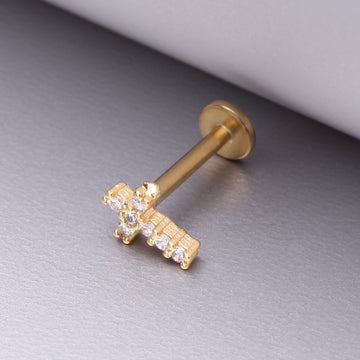 Detail View 1 of Golden Holy Cross Sparkle Top Internally Threaded Steel Flat Back Stud Labret-Clear Gem